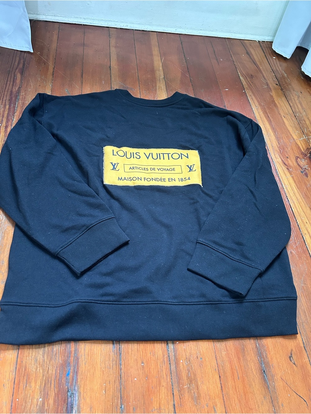 Upcycle Black Crewneck Sweatshirt with Louis Vuitton Patch